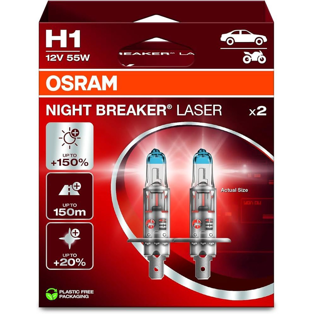 Auto spuldzes 12V 55W H1 OSRAM NIGHT BREAKER LASER +150% (2 gab.) 64150NL-2HB