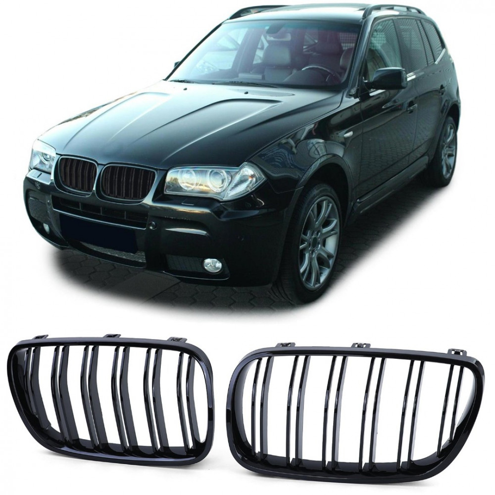 Priekšējās restes melnās glancētās BMW X3 E83 Facelift Double Stripe (2006-2010) 40411