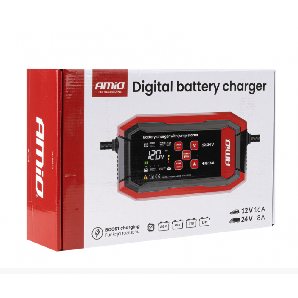 Car battery charger BOOST AGM GEL STD LiFePo4 MAX 16A 12V/24V PRO AMIO 04529
