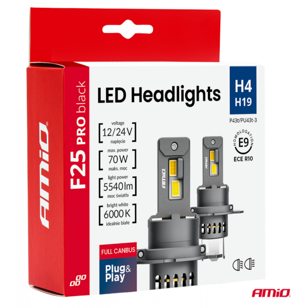 Car LED bulbs Series F25 PRO BLACK FULL CANBUS H4/H19 70W 12V/24V AMIO 04719