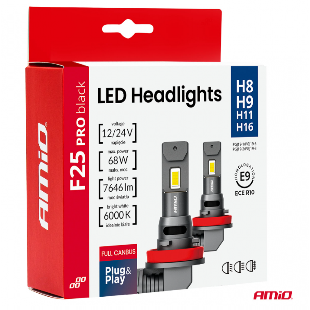 Autode LED-pirnid Series F25 PRO BLACK FULL CANBUS H8/H9/H11/H16 68W 12V/24V AMIO 04721