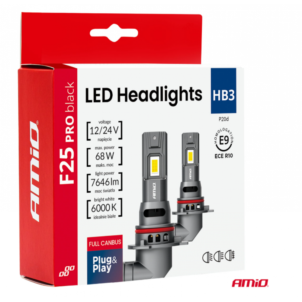Auto LED spuldzes Series F25 PRO BLACK FULL CANBUS HB3 68W 12V/24V AMIO 04722