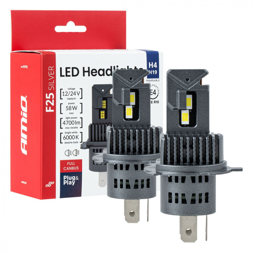 Auto LED lemputės Series F25 SILVER FULL CANBUS H4/H19 54/58W 12V/24V AMIO 04703