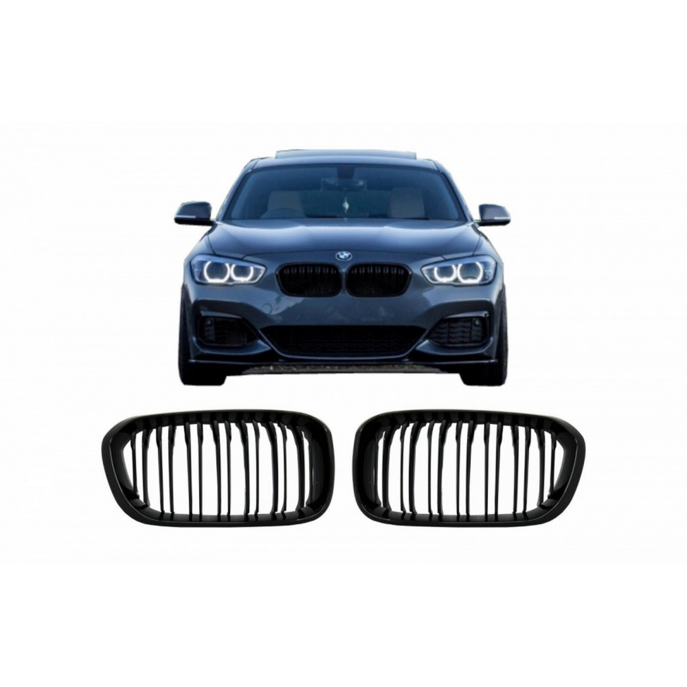 Priekšējās restes melnās glancētās BMW 1 F20 Facelift Double Stripe M1 Design Piano Black (2015-2019)